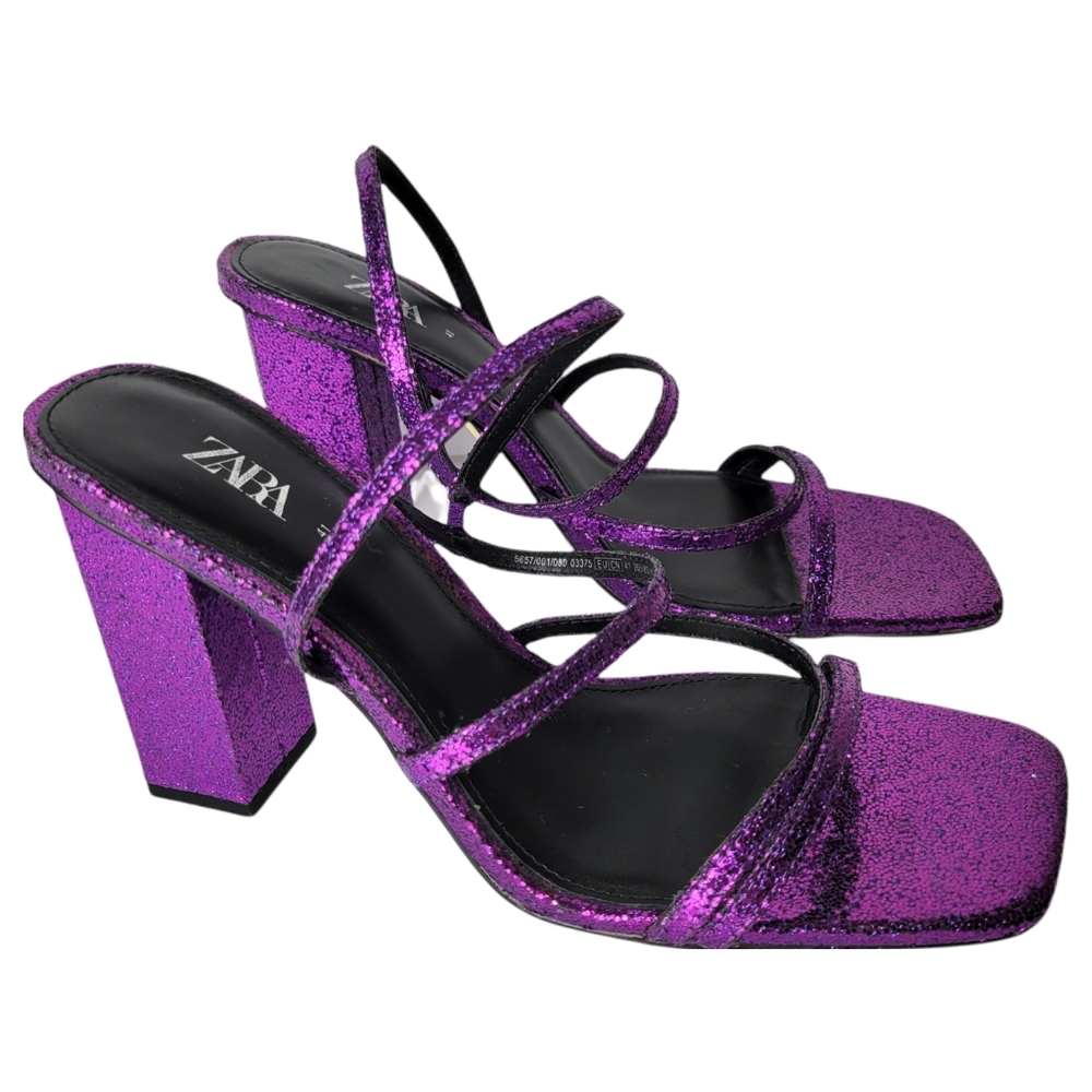 Zara Blue Collection Goat Leather Sparkly Glitter Square Heel Strappy Sandals